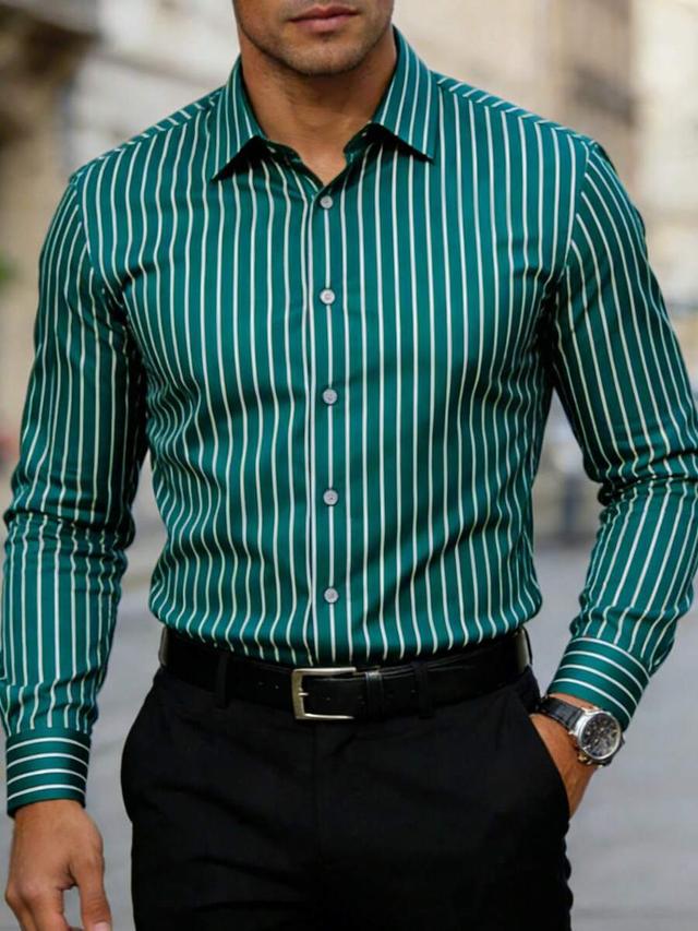dark green vertical striped long sleeve dress shirt