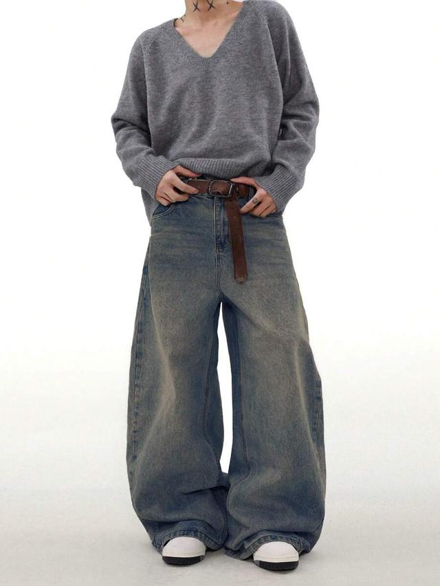 vintage wash loose wide-leg denim trousers