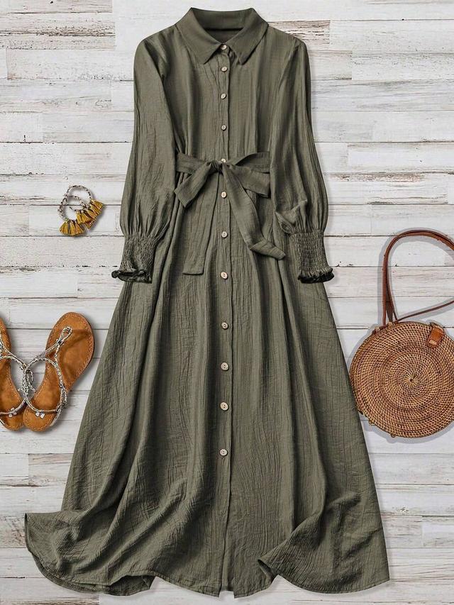 crinkled olive green linen long shirt dress
