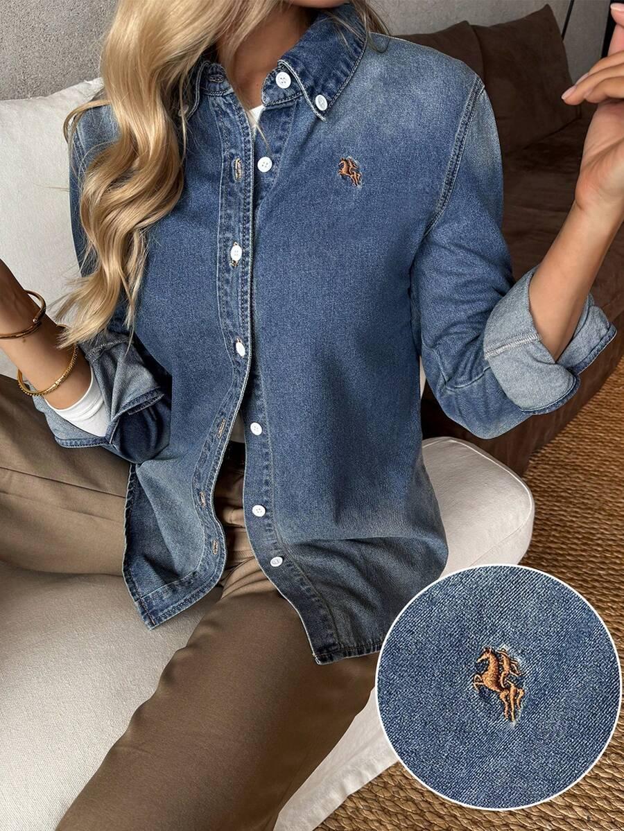 women's knight embroidery long sleeve denim shirt