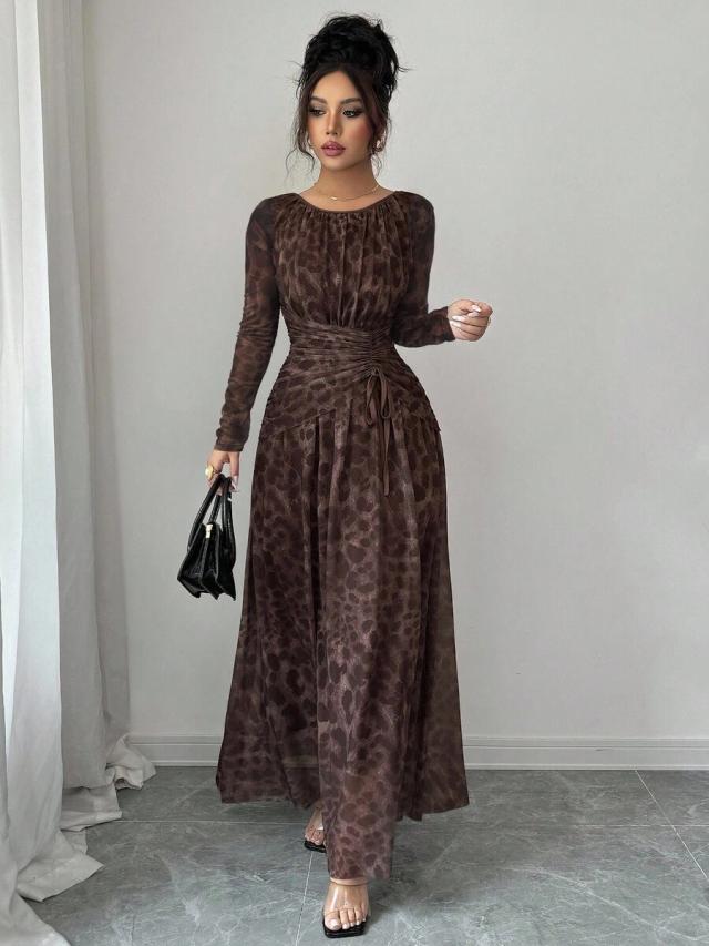 brown leopard print mesh long sleeve maxi dress