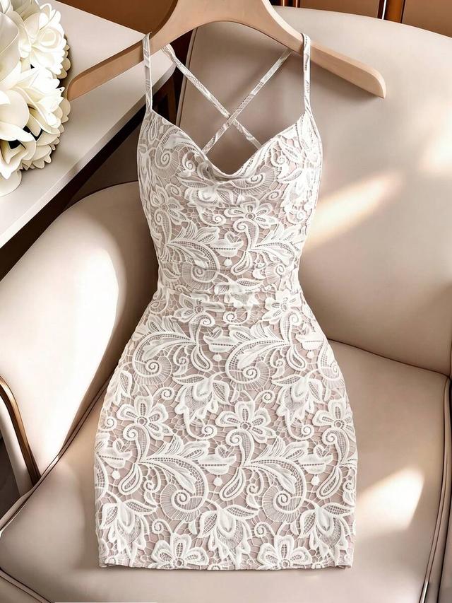 white floral lace draped mini dress
