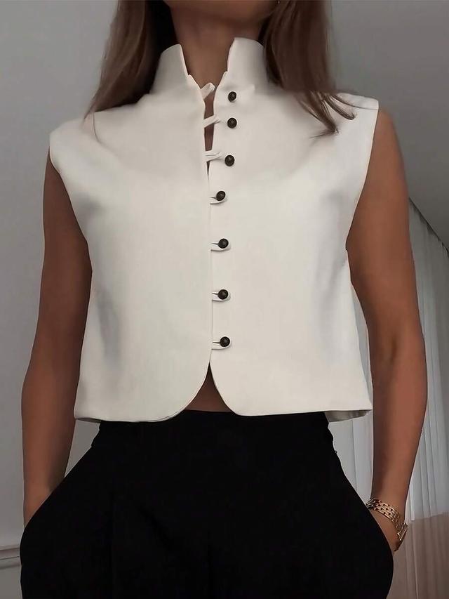 women's elegant sleeveless double-breasted woven top white