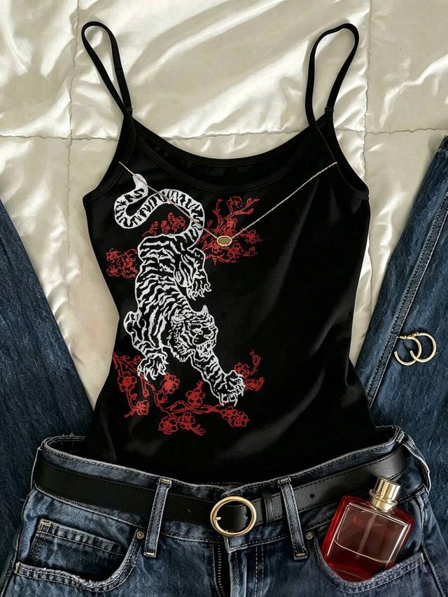 tiger and floral print black camisole top