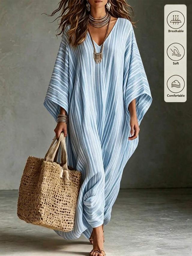 blue and white striped v-neck loose casual kaftan dress