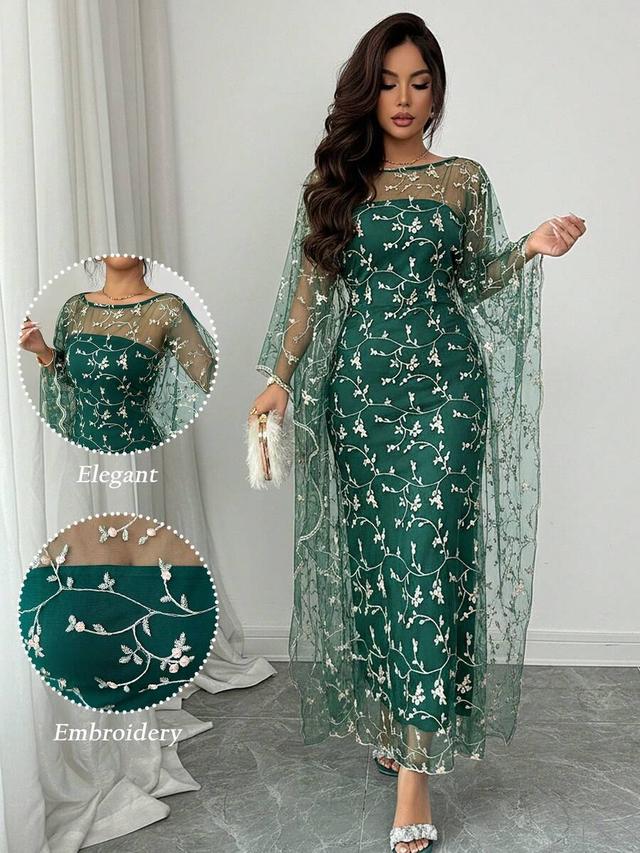 green embroidered mesh overlay long party dress