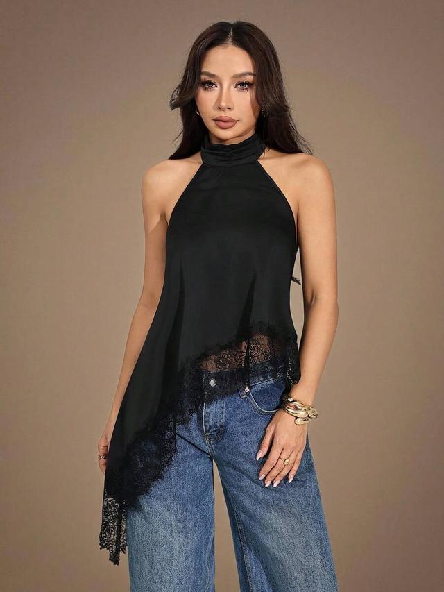 sexy lace patchwork asymmetric hem backless halter top