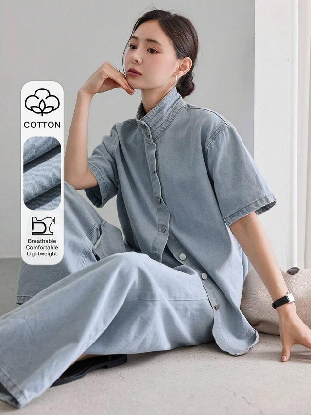 light wash denim stand collar button-down shirt