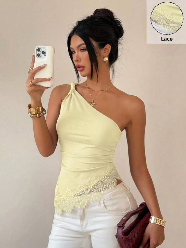 siren gaze lace patchwork twist knot one shoulder top