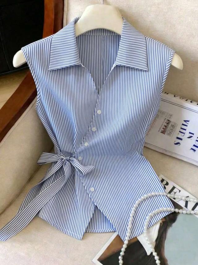 blue and white striped sleeveless wrap tie front shirt