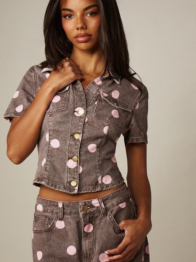 missguided polka dot cropped denim button-through top