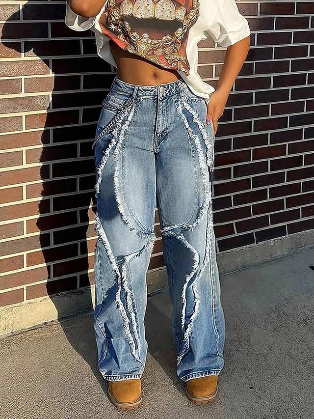 y2k retro straight leg denim jeans with frayed panels