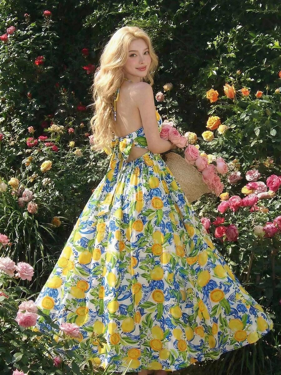 white lemon print backless bow-tie halter midi dress