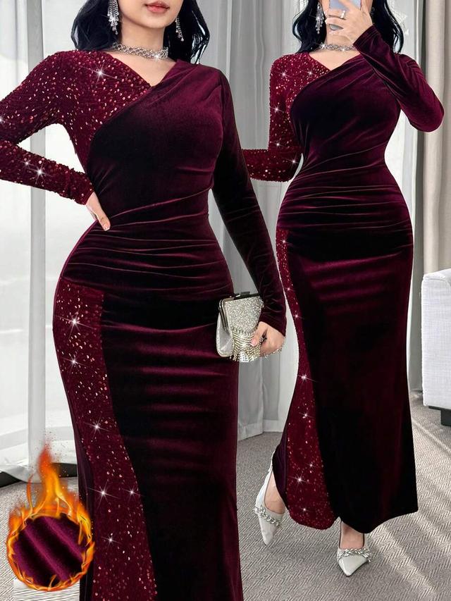 feyla fitted long red wine velvet sequin dinner dress