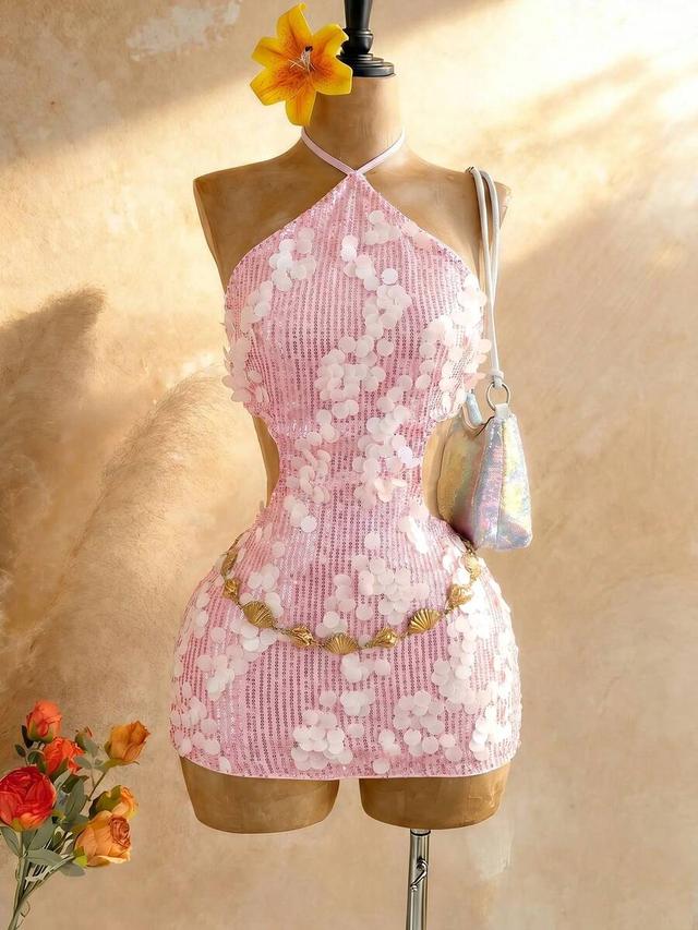 blush pink sequin backless lace-up halter mini dress