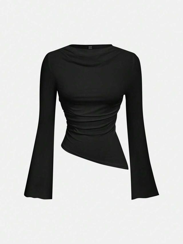 black ruched round neck flare sleeve asymmetric hem top