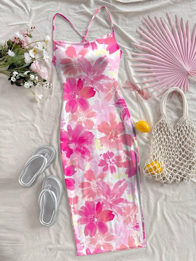 floral print adjustable strap bodycon midi dress