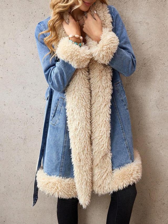 fuzzy trim denim belted coat