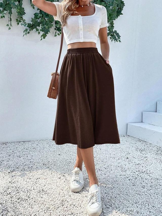 solid brown elastic waist casual midi skirt