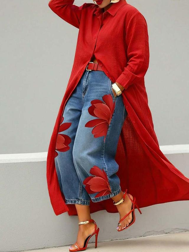 women's red floral print cropped wide-leg denim jeans