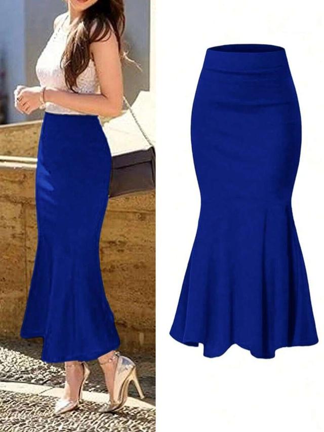 elegant blue fish-tail high-waisted skirt with ruffled hem