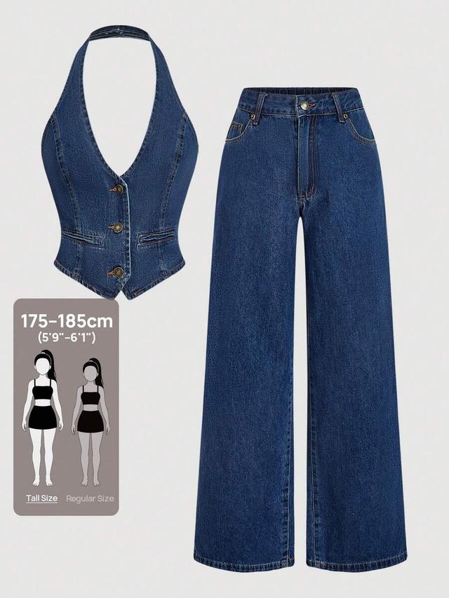 women's denim halter vest and wide leg trouser set