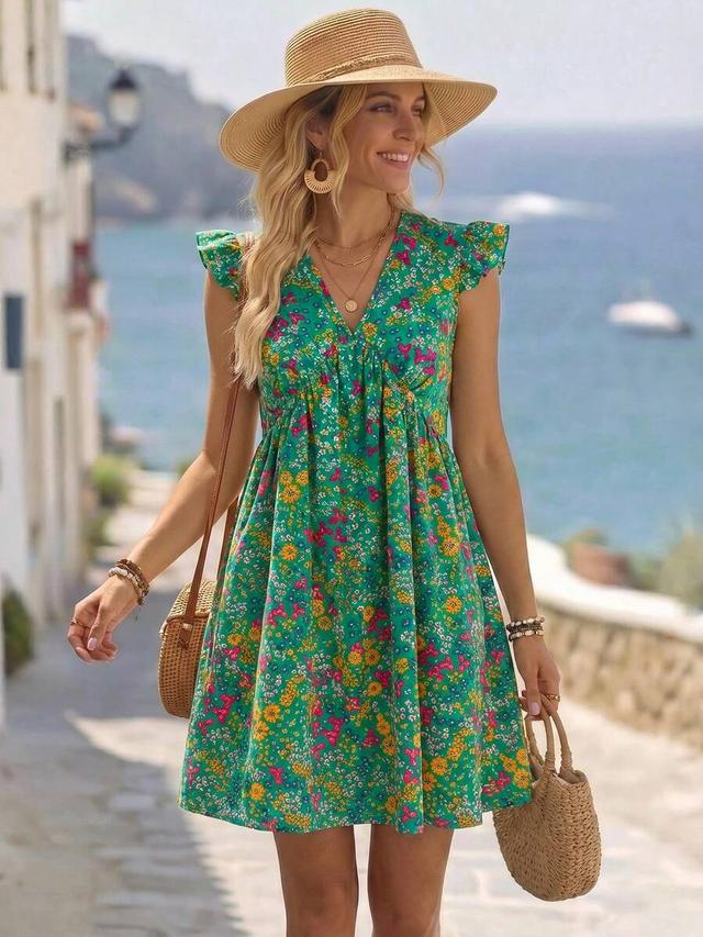 women's v-neck floral print pleated casual summer dress