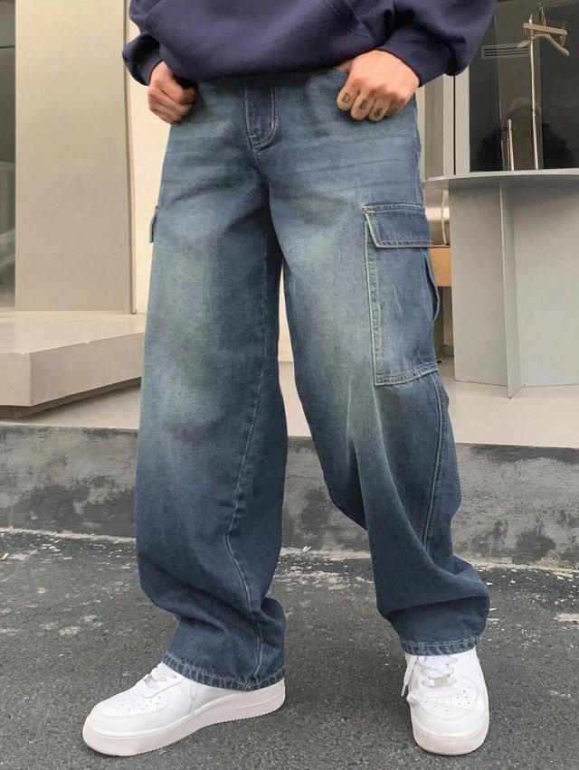 men's blue denim cargo pocket wide leg jeans