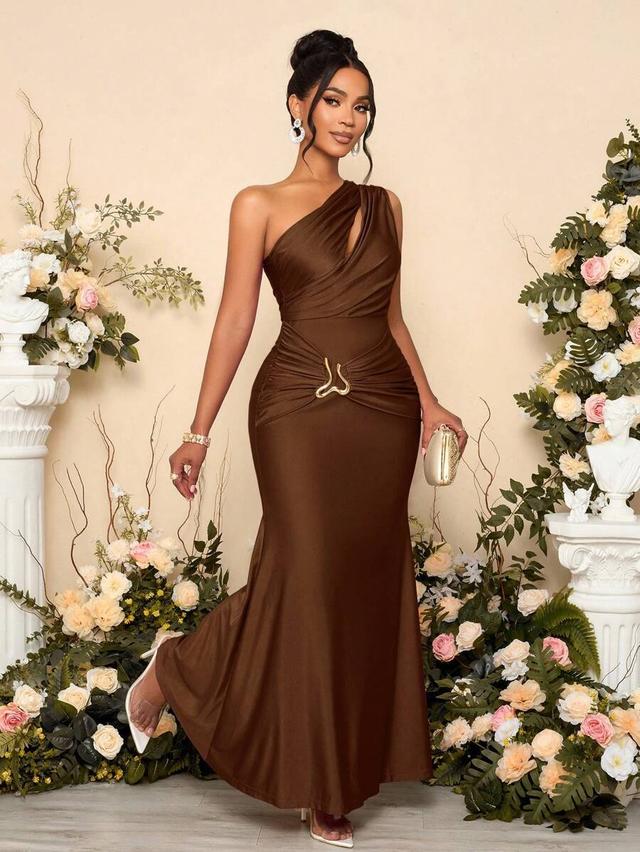 brown one-shoulder draped midi dress with metal accent