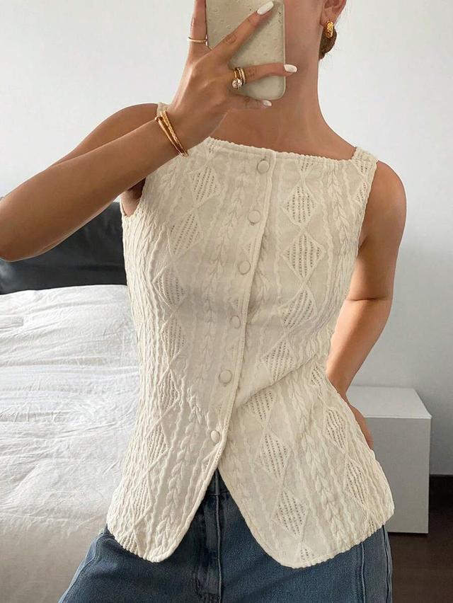 siren gaze beige sleeveless geometric textured button-up top