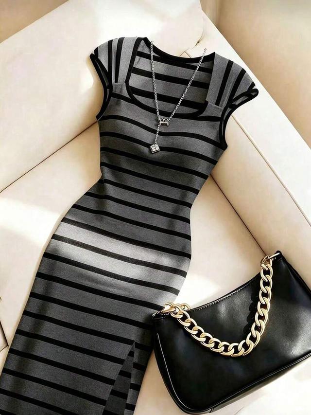 elegant fitted striped square neck colorblock bodycon dress