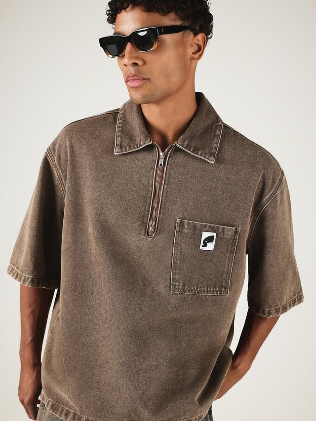 sumwon boxy fit half zip denim shirt
