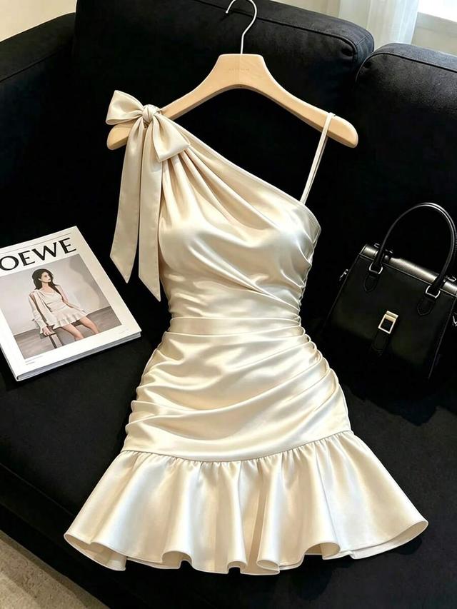 champagne satin one-shoulder ruched mini dress
