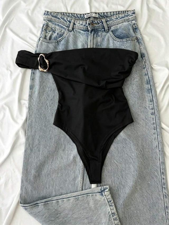 elegant black one-shoulder bandeau bodysuit with metal decor