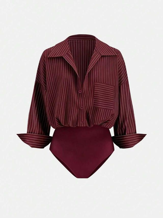 burgundy striped patchwork long sleeve bodysuit