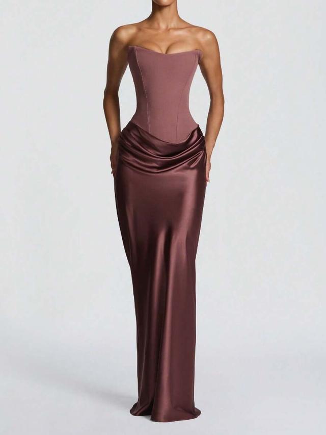 strapless corset bodice satin maxi dress