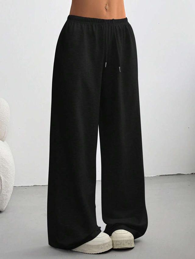black solid color drawstring waist wide leg sweatpants
