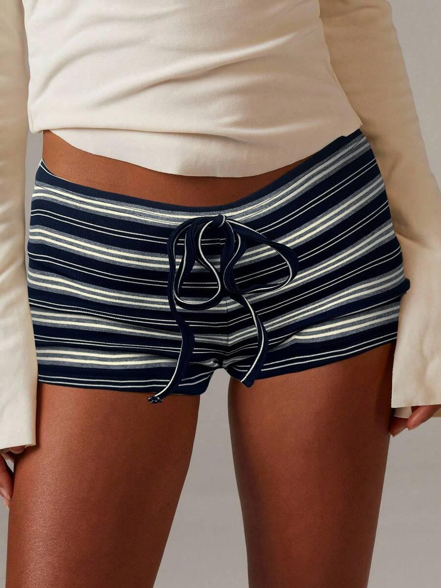 athîral women's striped jersey tie waist casual shorts