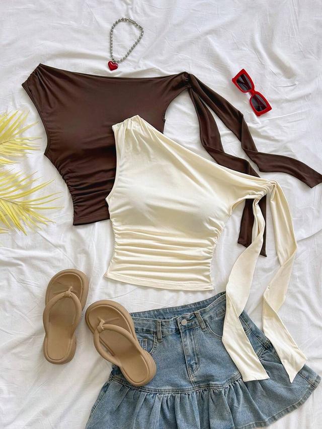 brown one shoulder ruched tie top