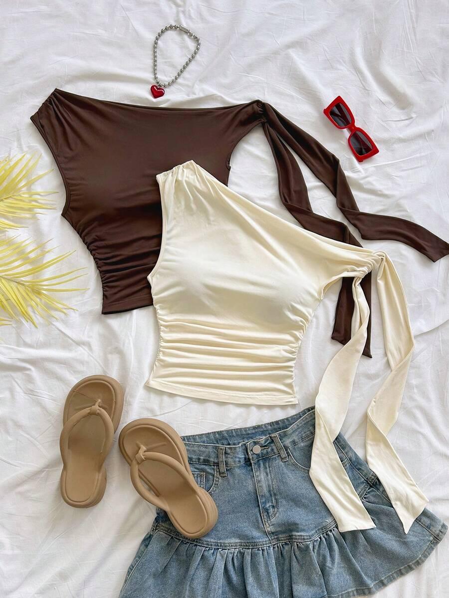 brown one shoulder ruched tie top
