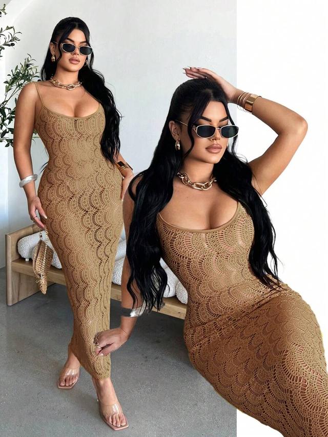solid color hollow-out knit bodycon dress