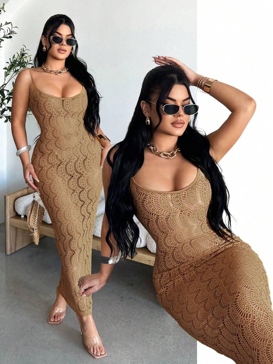 solid color hollow-out knit bodycon dress