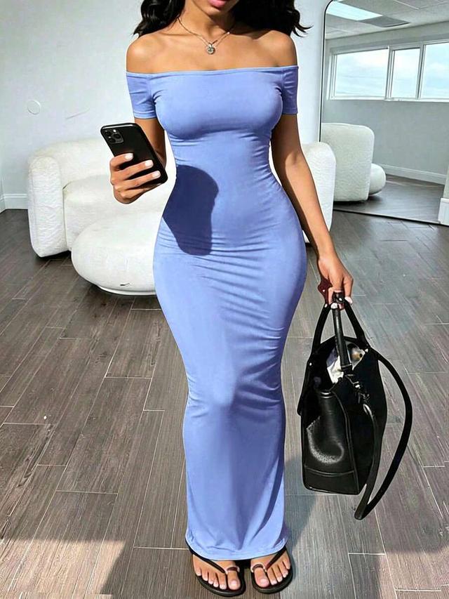 periwinkle off-shoulder bodycon maxi dress