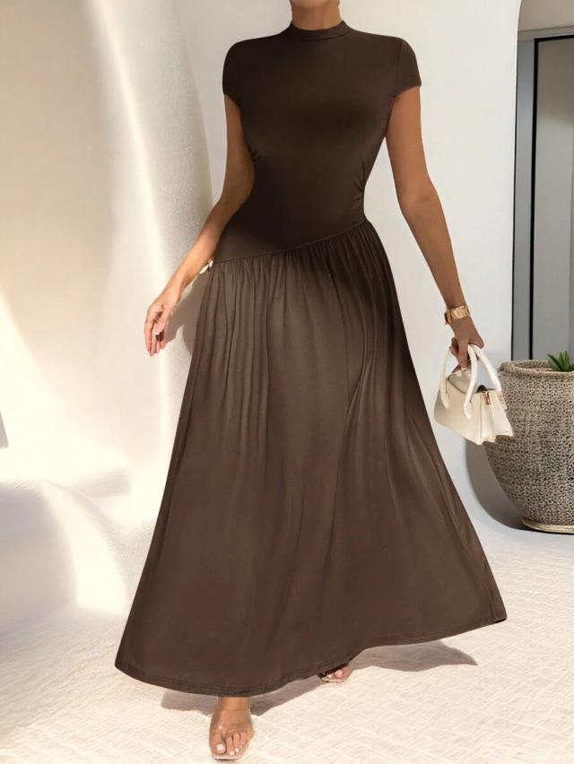 firerie elegant minimalist daily wear asymmetric hem fitted collared short sleeve a-line dress