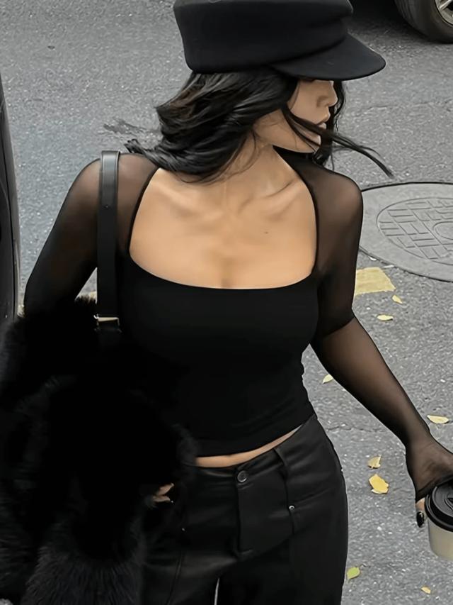 women's square neck sheer mesh long sleeve black top