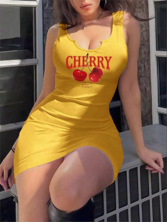 casual minimalist yellow cherry pattern sleeveless tank bodycon dress
