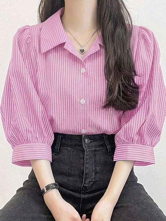 pink striped turndown collar lantern sleeve blouse