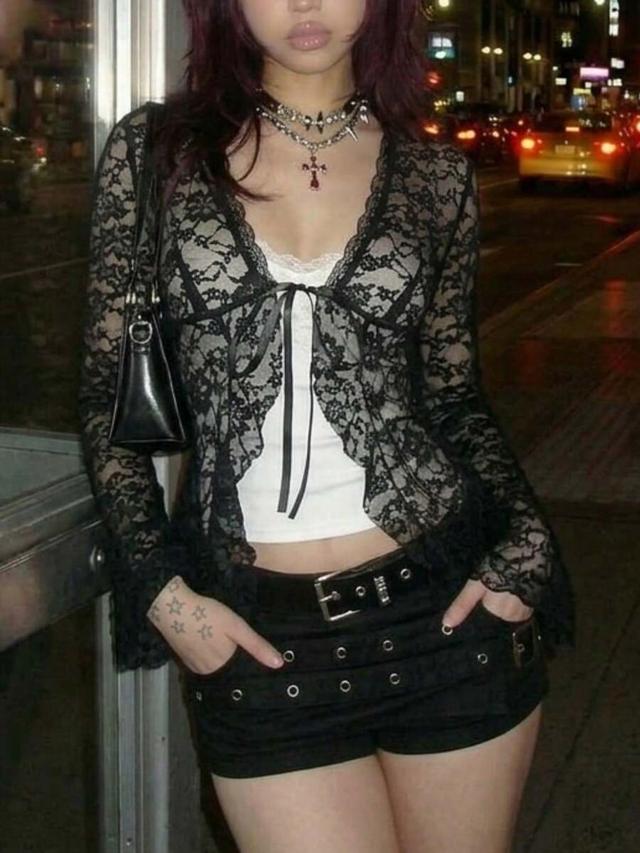 black lace v-neck tie front long sleeve top