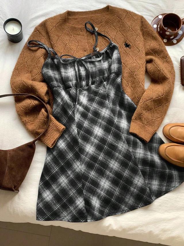 black and white plaid square neck suspender mini dress