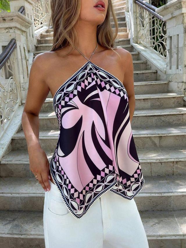 backless pink and black printed halter scarf top